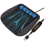 Black cooling pad with blue LED lights and USB cable on a white background