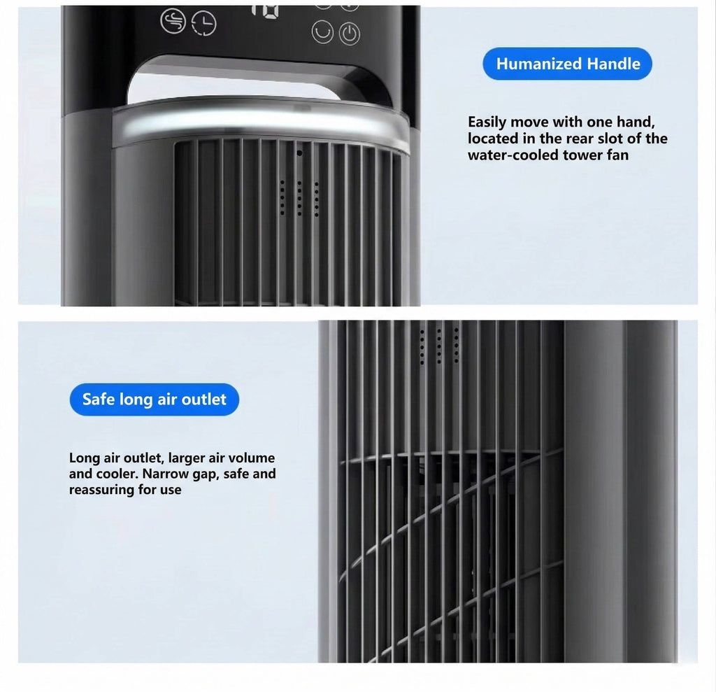 Water-cooled tower fan with highlighted features on a light blue background