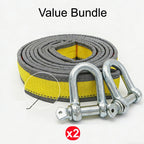 Yellow and gray tow strap with metal hooks on a white background, labeled 'Value Bundle'.