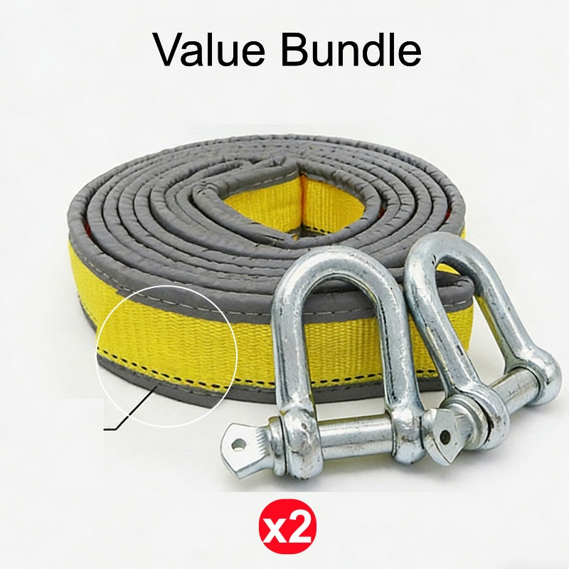 Yellow and gray tow strap with metal hooks on a white background, labeled 'Value Bundle'.