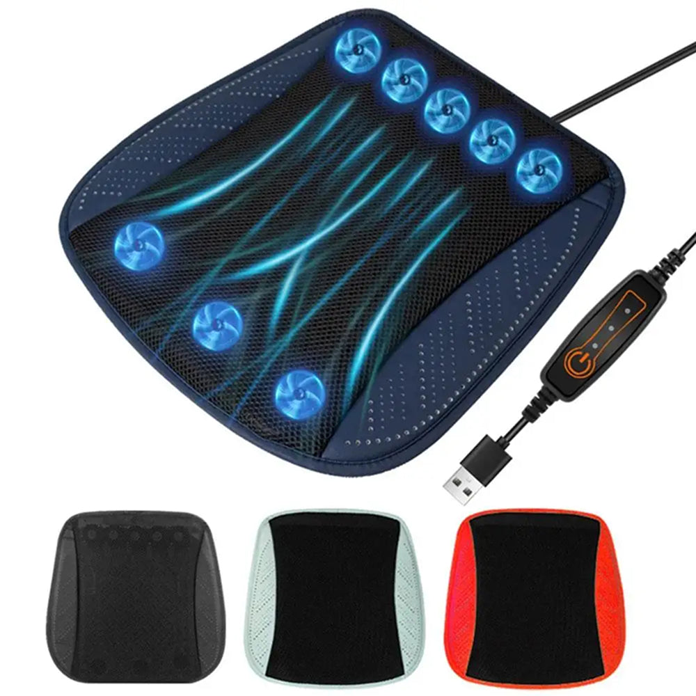 Massage pillow with blue lights and control panel, accompanied by additional cushions on a white background.