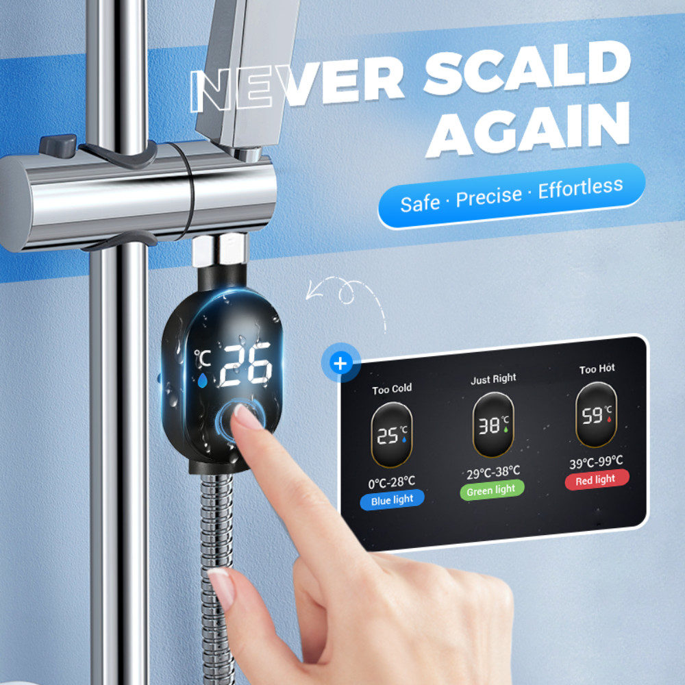 Digital temperature control device for a shower with a hand adjusting it, set against a blue background.