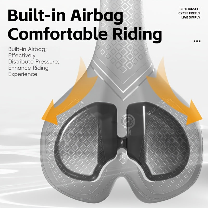 Bicycle saddle with built-in airbag feature on a white background