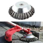 Close-up of a wire brush attachment and its use on a concrete surface.