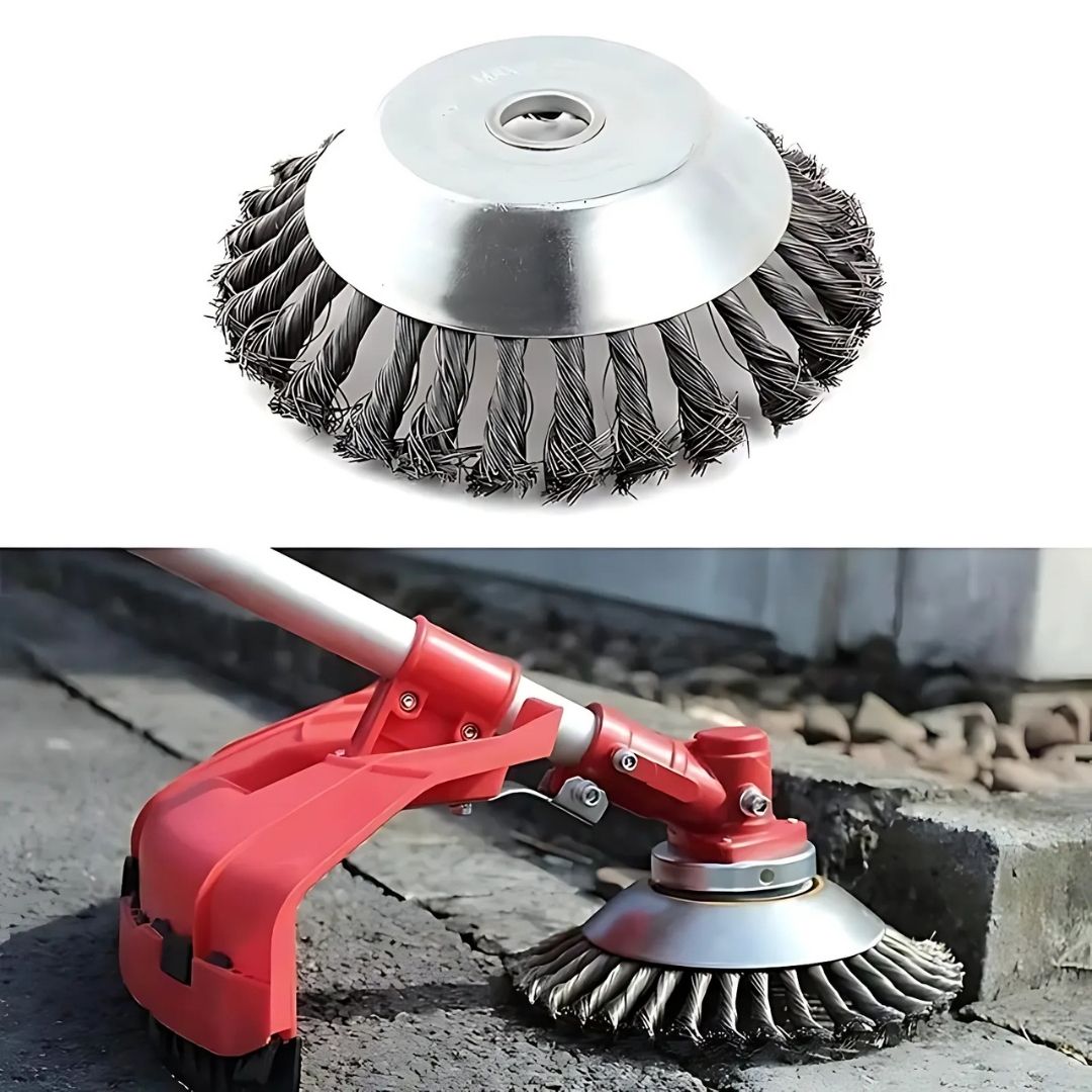 Close-up of a wire brush attachment and its use on a concrete surface.
