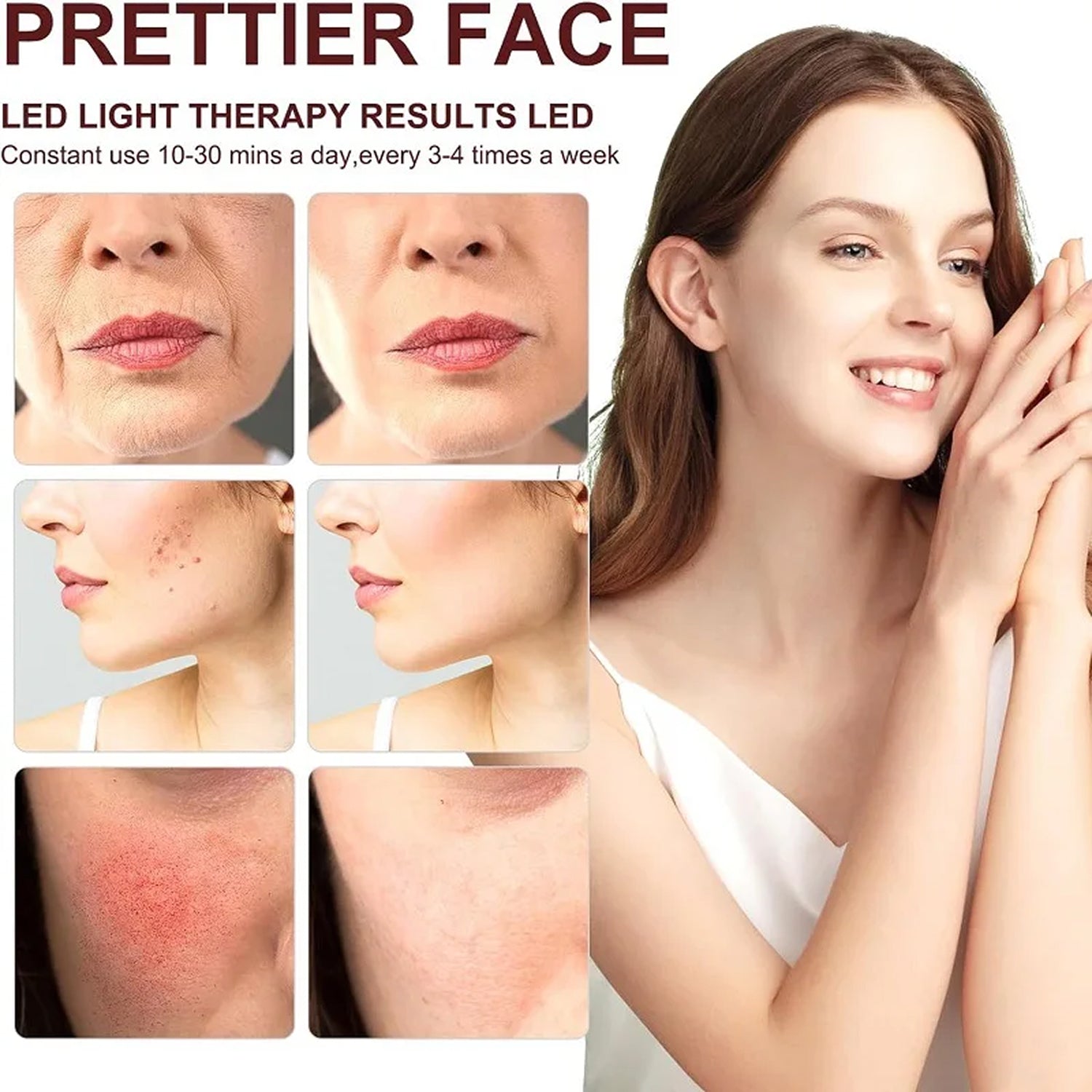 LED light therapy results for skin improvement with a woman showing clear skin.