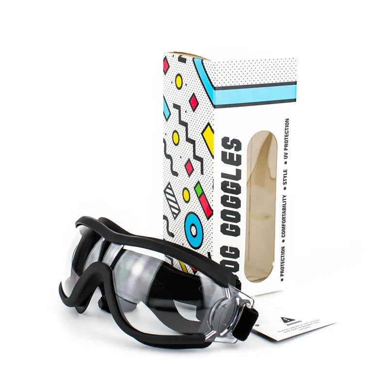Dog goggles with a colorful packaging box on a white background