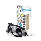 Dog goggles with a colorful packaging box on a white background