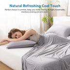 Woman sleeping on a bed with gray bedding and pillow, text about natural refreshing cool touch.