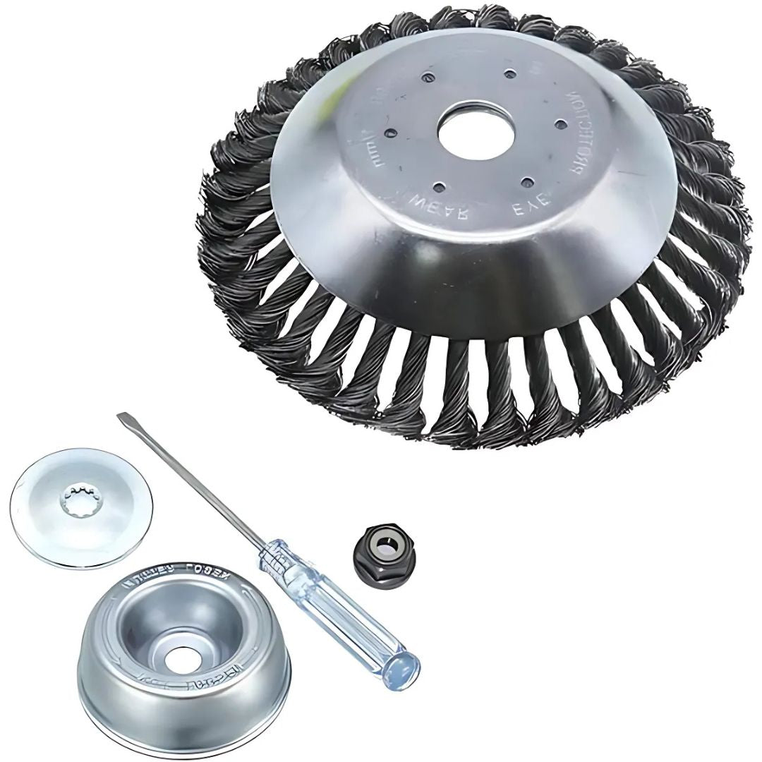 Wire brush wheel with accessories on a white background