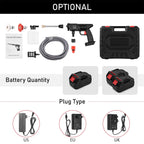 Electric pressure washer kit with accessories and battery options on a white background