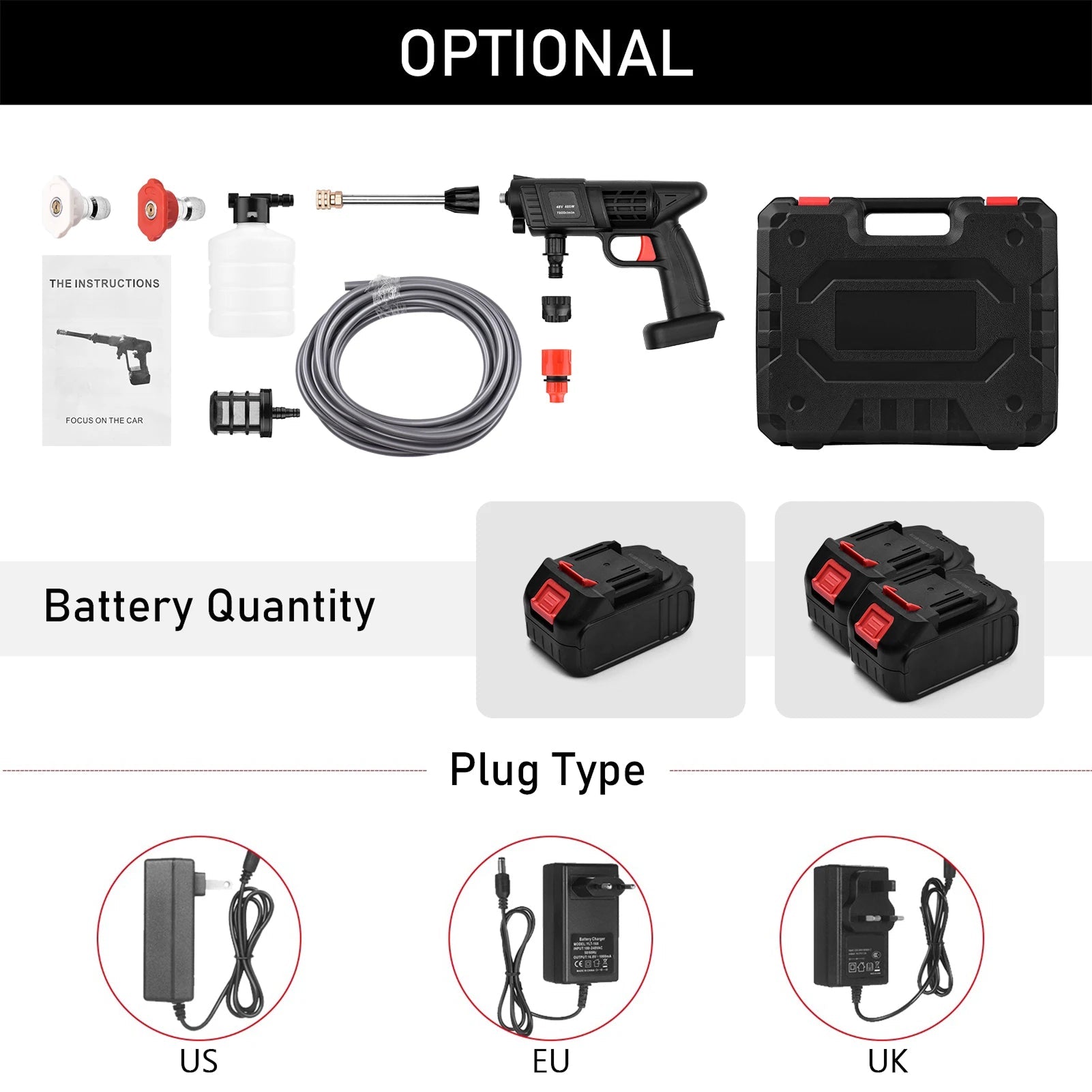 Electric pressure washer kit with accessories and battery options on a white background