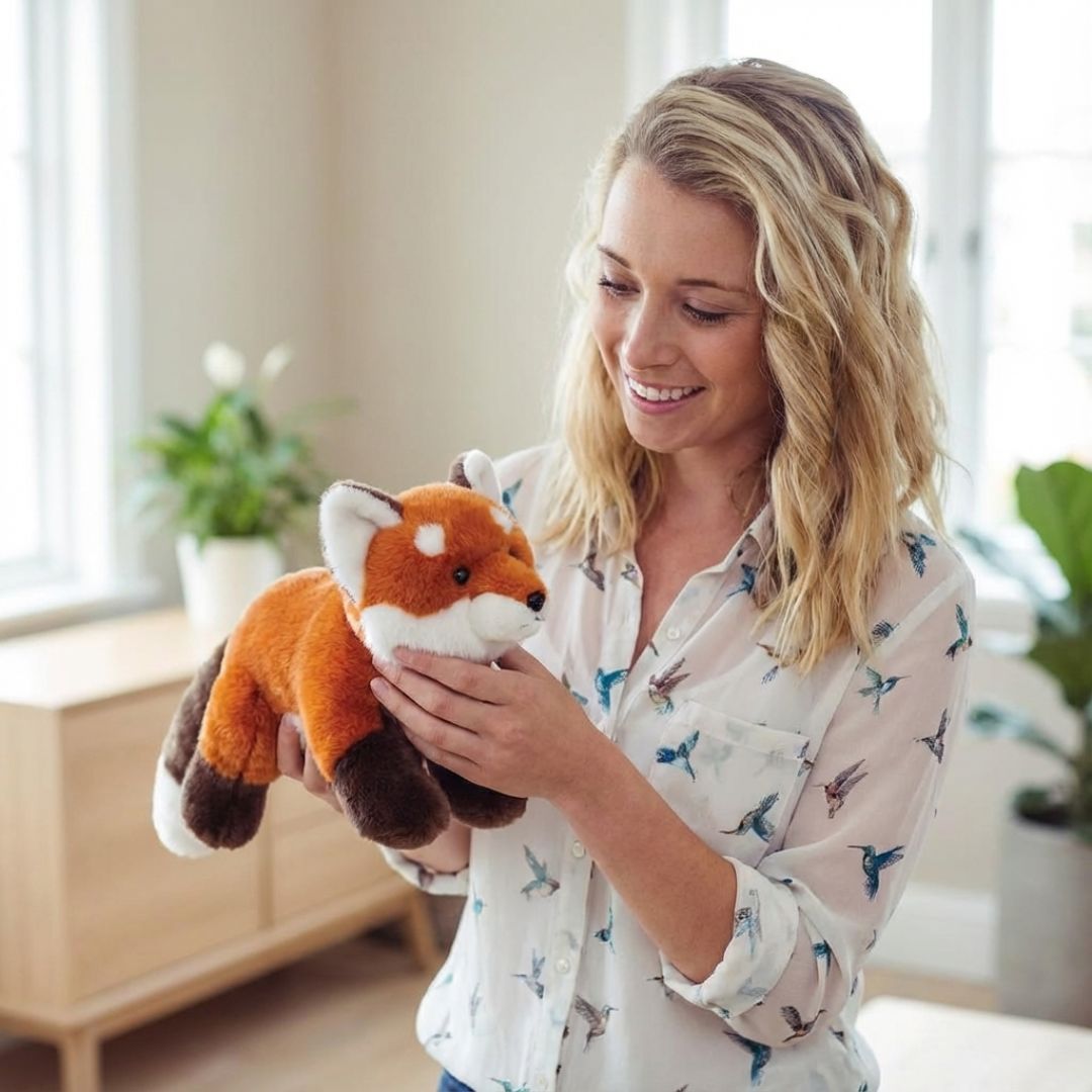 Woman holding a plush fox toy in a bright room with plants